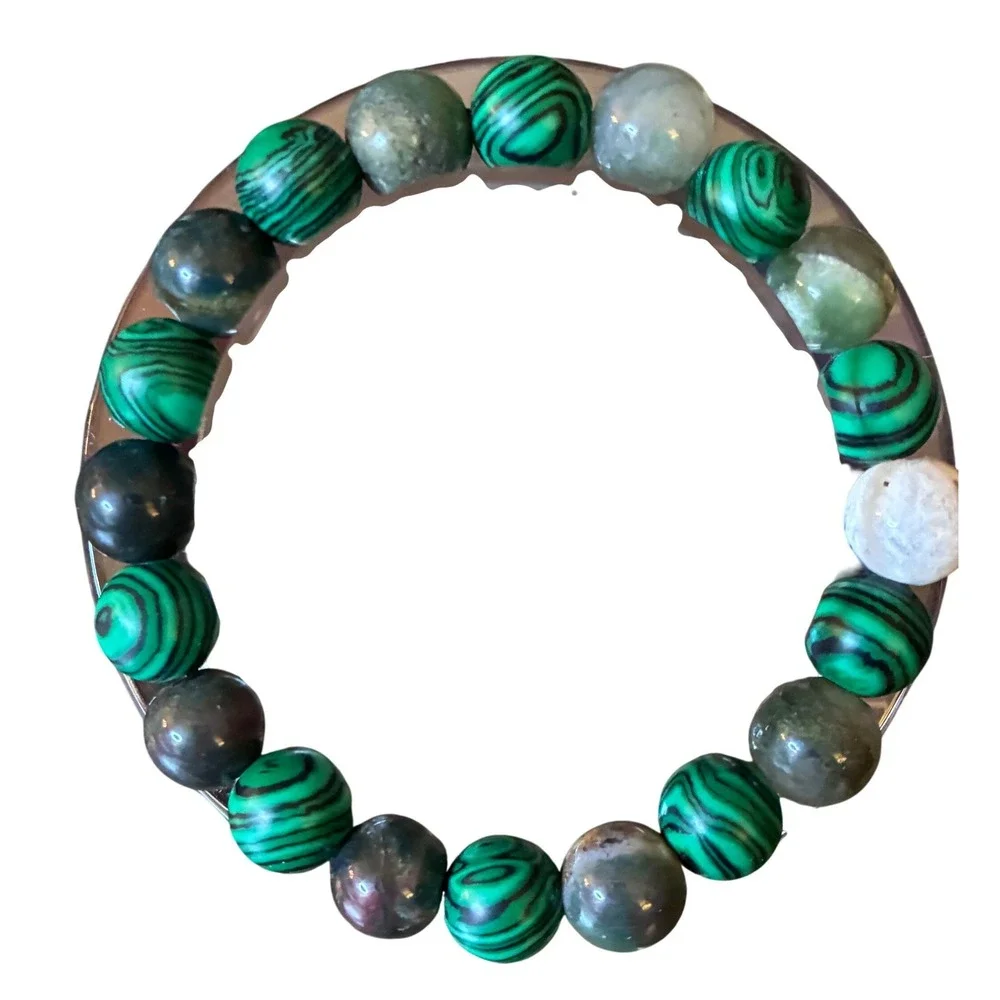 Handmade Natural Malachite Moss Agate and‎ Sodalite Beaded Stretch Bracelet
